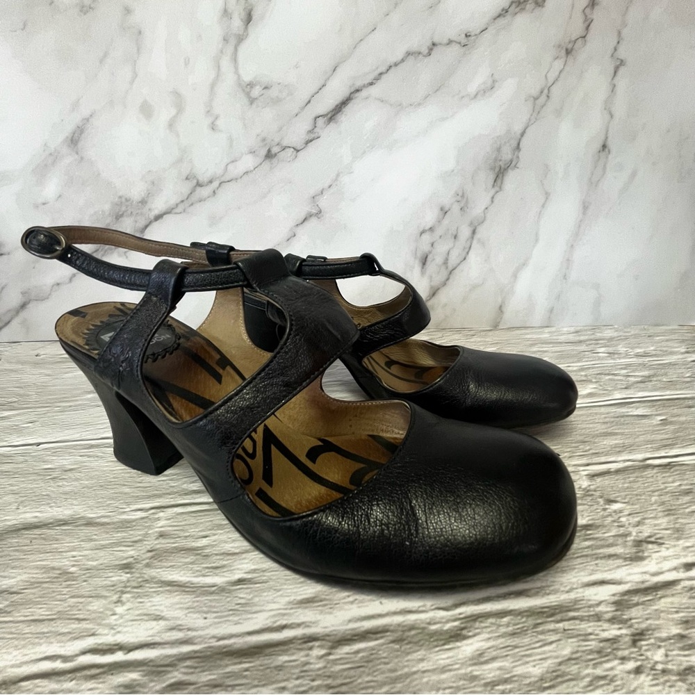 Fly London Black Leather Sling Back T-Strap Heeled Shoes
